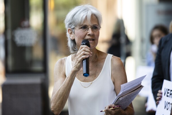 FILE - Former Green Party presidential candidate Jill Stein speaks outside the federal courthouse in Philadelphia, Oct. 2, 2019. Stein is launching another long-shot bid for the presidency as a Green Party candidate. The physician from Lexington, Massachusetts, says she's running to offer people a choice outside of what she calls 
