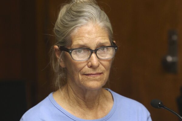 FILE - In this Sept. 6, 2017, file photo, Leslie Van Houten attends her parole hearing at the California Institution for Women in Corona, Calif. California Gov. Gavin Newsom overruled a parole board's decision to free Charles Manson follower Leslie Van Houten on Monday, June 3, 2019, marking the third time a governor has stopped the release of the youngest member of Manson's murderous cult. Van Houten, 69, is still a threat, Newsom said, though she has spent nearly half a century behind bars and received reports of good behavior and testimonials about her rehabilitation. (Stan Lim/Los Angeles Daily News via AP, Pool, File)