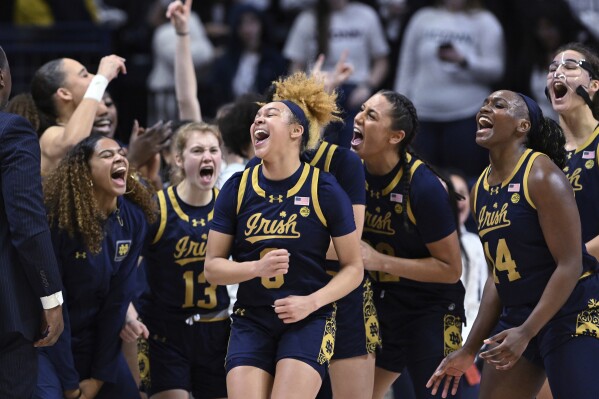 Notre Dame guard Hannah Hidalgo (3) and teammates celebrate a win over UConn in an NCAA college basketball game Saturday, Jan. 27, 2024, in Storrs, Conn. (Cloe Poisson/Hartford Courant via AP)