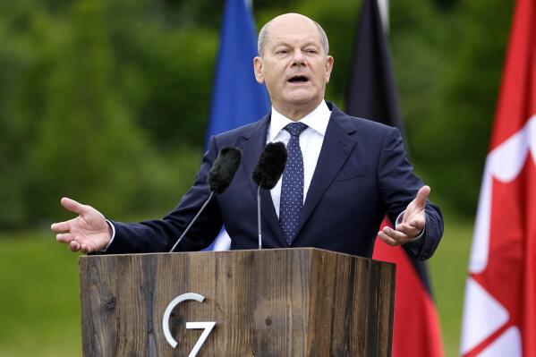 German Chancellor Olaf Scholz addresses a media conference during the G7 summit at Castle Elmau in Kruen, Germany, on Tuesday, June 28, 2022. The Group of Seven leading economic powers are concluding their annual gathering on Tuesday. (AP Photo/Martin Meissner)