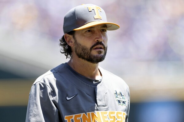 FILE - Tennessee head coach Tony Vitello coaches against Stanford in a baseball game at the NCAA College World Series in Omaha, Neb., on Monday, June 19, 2023. No. 1 national seed Tennessee has established itself as the dominant post-pandemic program. All that’s missing is a national title. (AP Photo/Rebecca S. Gratz, File)