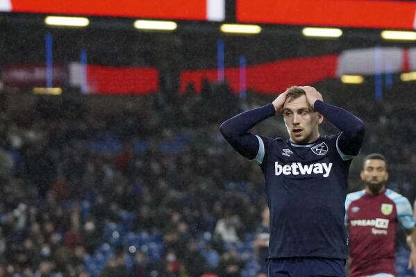 West Ham's Jarrod Bowen reacts during the English Premier League soccer match between Burnley and West Ham United at Turf Moor, in Burnley, England, Sunday, Dec. 12, 2021. (AP Photo/Jon Super)