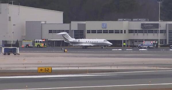 A Bombardier Challenger 300 diverted to Bradley International Airport in Windsor Locks, Conn. Friday, March 3, 2023 afternoon after experiencing turbulence in flight. A passenger who was severely injured during the incident later died, according to the NTSB. (NBC Connecticut via AP)