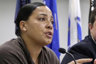 FILE- In this June 26, 2018, file photo, then-Suffolk County District Attorney Democratic candidate Rachael Rollins addresses an audience, in Boston. President Joe Biden's pick for U.S. Attorney for Massachusetts has hit a snag as a key U.S. Senate panel deadlocked Thursday, Sept. 30, 2021, over the nomination of Rollins as the state's top federal prosecutor. (AP Photo/Steven Senne, File)