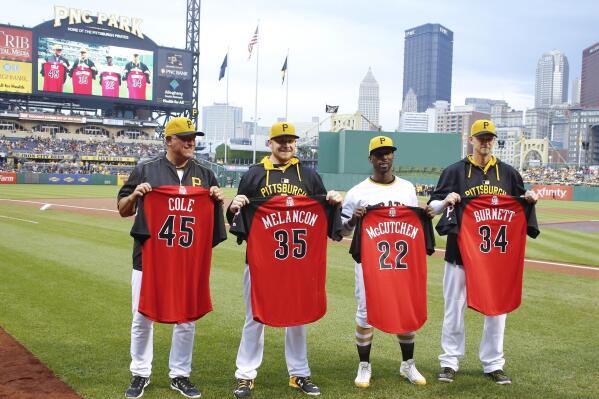 Pittsburgh Pirates' Andrew McCutchen shows his All-Star jersey after it was  presented before a baseball game between the Pittsburgh Pirates and the St.  Louis Cardinals, Sunday, July 12, 2015, in Pittsburgh. (AP