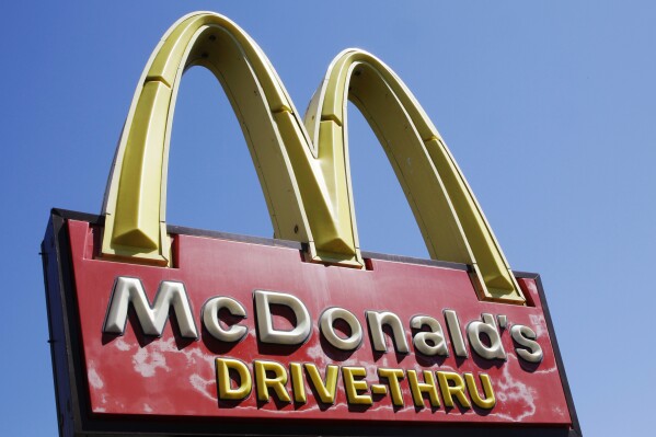 FILE - A McDonald's sign is displayed at a McDonald's restaurant in East Palo Alto, Calif., Friday, April 20, 2012. McDonald's reports earnings Monday, Feb. 5, 2024. (AP Photo/Paul Sakuma, File)