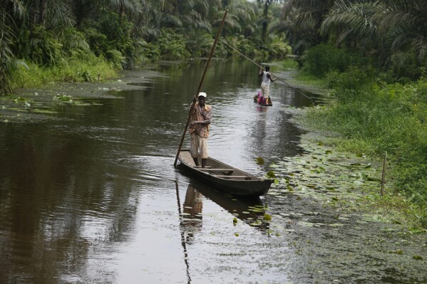 A man paddles a canoe near a Voodoo sacred forest in Adjarra, Benin, on Wednesday, Oct. 4, 2023. As the government grapples with preserving the forests while developing the country, Voodoo worshippers worry the loss of its spaces could have far reaching effects. (AP Photo/Sunday Alamba)