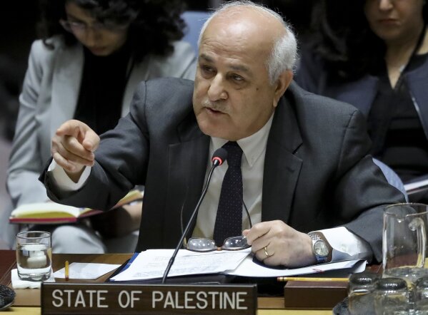 FILE - In this Tuesday, March 26, 2019 file photo, Palestinian Ambassador to the United Nations Riyad Mansour address a U.N. Security Council meeting on the Palestinian and Israeli conflict at U.N. headquarters. Israel wants the United Nations to recognize as refugees hundreds of thousands of Jews who fled Arab and Muslim countries in the last century. (AP Photo/Bebeto Matthews, File)