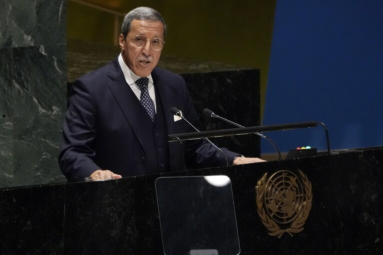 Morocco's UN Ambassador Omar Hilale addresses the 78th session of the United Nations General Assembly, Tuesday, Sept. 26, 2023. (AP Photo/Richard Drew)