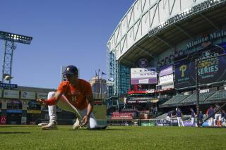 Houston Astros shortstop Jeremy Pena warms up during batting practice ahead of Game 1 of the baseball World Series between the Houston Astros and the Philadelphia Phillies on Thursday, Oct. 27, 2022, in Houston. Game 1 of the series starts Friday. (AP Photo/David J. Phillip)