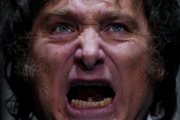 Presidential candidate of the Liberty Advances coalition Javier Milei talks to supporters during a campaign rally in Buenos Aires, Argentina, Wednesday, Oct. 18, 2023. General elections are set for Oct. 22. (AP Photo/Natacha Pisarenko)