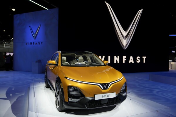 FILE - A Vinfast VF6 is displayed at the AutoMobility LA Auto Show Thursday, Nov. 17, 2022, in Los Angeles. Vietnamese automaker Vinfast agreed on Saturday, Jan. 8, 2024, to invest up to $2 billion into building an electric vehicle factory in southern India’s Tamil Nadu state.(AP Photo/Marcio Jose Sanchez, File)