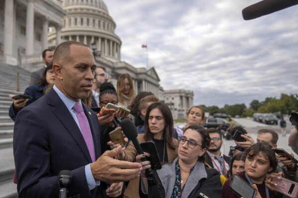 House Minority Leader Hakeem Jeffries of N.Y., speaks to reporters on the steps of the Capitol after Republicans failed in their first attempt to elect Rep. Jim Jordan, R-Ohio, a top Donald Trump ally, to be the new House speaker, at the Capitol in Washington, Tuesday, Oct. 17, 2023. (AP Photo/Mark Schiefelbein)