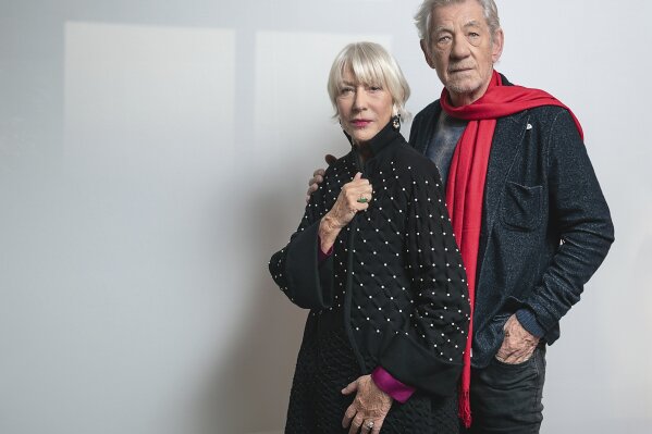 This Nov. 3, 2019 photo shows actors Helen Mirren, left, and Ian McKellan pose for a portrait to promote their film "The Good Liar" in New York. (Photo by Christopher Smith/Invision/AP)