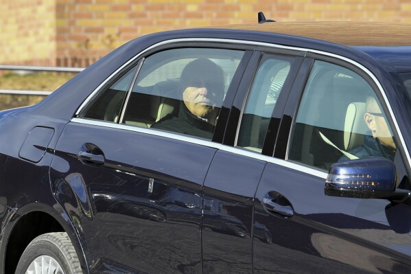 King Harald leaves Rikshospitalet in Oslo, where he has been hospitalized and implanted a pacemaker, Thursday, March 14, 2024. (Rodrigo Freitas/NTB Scanpix via AP)
