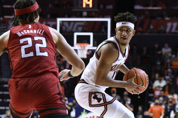 Illinois' Alfonso Plummer (11) is defended by Rutgers' Caleb McConnell during the first half of an NCAA college basketball game Friday, Dec. 3, 2021, in Champaign, Ill. (AP Photo/Michael Allio)