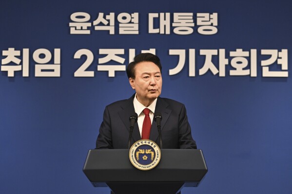 South Korean President Yoon Suk Yeol attends a press conference marking his second year in office at the presidential office in Seoul, South Korea Thursday, May 9, 2024. (Song Kyung-seok/Pool Photo via AP)