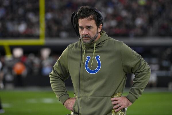 Indianapolis Colts interim head coach Jeff Saturday on the sideline in the second half of an NFL football game against the Las Vegas Raiders n Las Vegas, Fla., Sunday, Nov. 13, 2022. (AP Photo/David Becker)