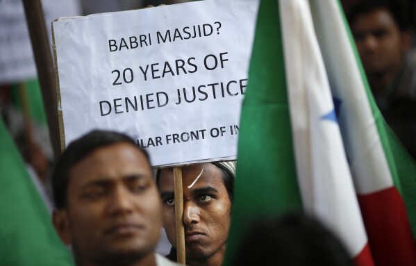 Indian Muslims stage a sit-in protest in New Delhi to mark the 20th anniversary of the Babri mosque demolition in Ayodhya in northern India, Dec. 6, 2012.(AP Photo/Saurabh Das, File)