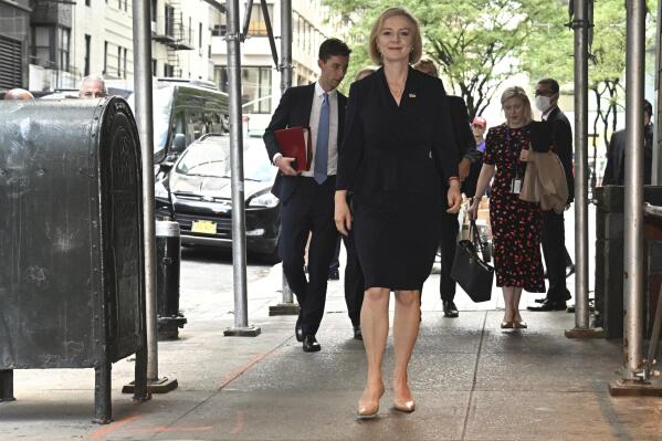 British Prime Minister Liz Truss arrives to meet Japan's Prime Minister Fumio Kishida for a lunch bilateral in New York, Tuesday, Sept. 20, 2022. (Toby Melville/Pool Photo via AP)