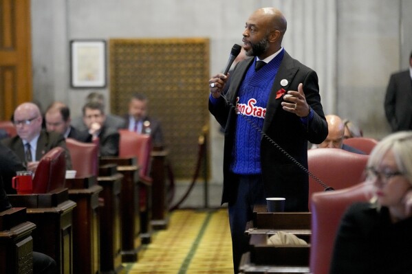 State Rep. Harold Love, Jr., D-Nashville speaks from the House floor against a bill to vacate the entire Tennessee State University board of trustees Thursday, March 28, 2024, in Nashville, Tenn. (AP Photo/George Walker IV)