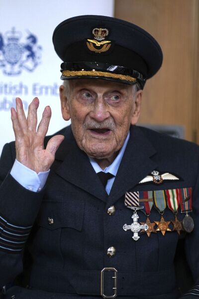 The last known Battle of Britain pilot, Group Captain John 'Paddy' Hemingway DFC celebrating his 105th birthday at the British Embassy in Dublin, Ireland, July 17, 2024. (Brian Lawless/PA via AP, File)