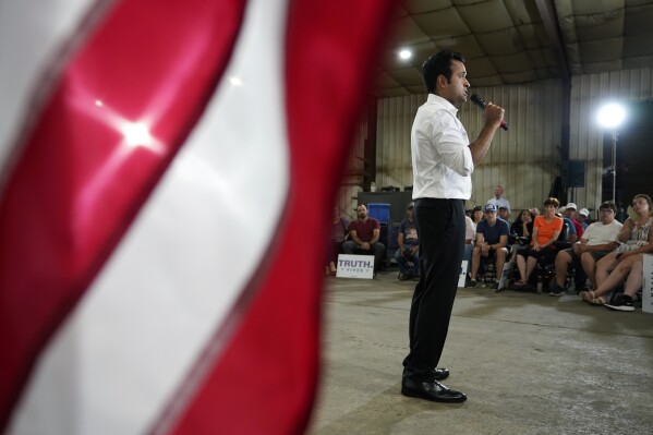 Republican presidential candidate Vivek Ramaswamy speaks during a campaign stop, Saturday, Aug. 5, 2023, in Vail, Iowa. (AP Photo/Charlie Neibergall)