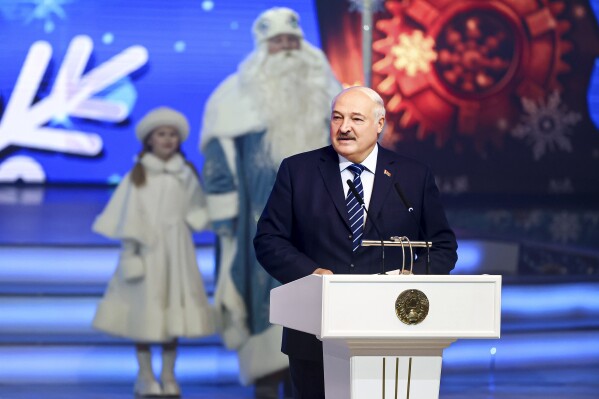 In this photo provided by the Belarusian Presidential Press Service, Belarus President Alexander Lukashenko attends the New Year Eve's children's charity event held as part of the country's charity campaign Our Children, in the Palace of the Republic in Minsk, Belarus, Thursday, Dec. 28, 2023. (Belarusian Presidential Press Service via AP)