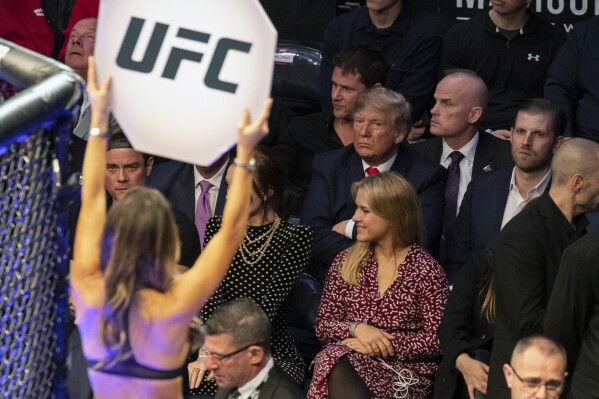 FILE - President Donald Trump looks on during UFC 244 mixed martial arts fights, Saturday, Nov. 2, 2019, in New York. (AP Photo/ Evan Vucci, File)