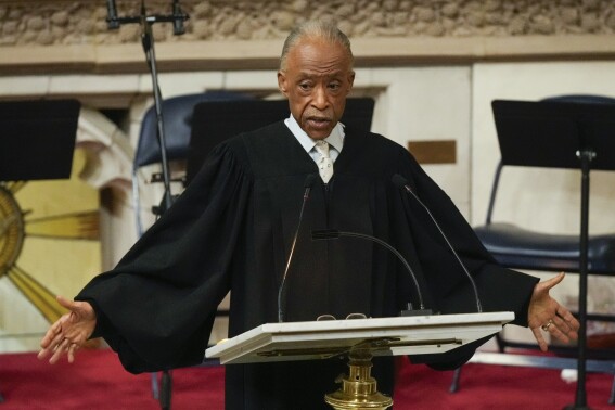 Al Sharpton speaks during a ceremony in celebration of Roberta Flack's life at The Abyssinian Baptist Church on Monday, March 10, 2025, in New York. (AP Photo/Richard Drew, File)