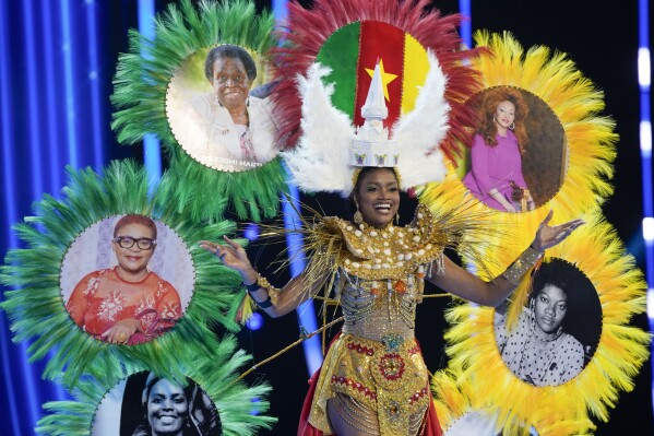 Miss Cameroon Essie Princess participates in the national costume competition at the Miss Universe Beauty Pageant in San Salvador, Thursday, November 16, 2023. (AP Photo/Moises Castillo)
