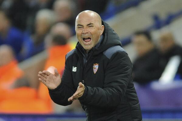 FILE - Sevilla's head coach Jorge Sampaoli shouts to his team during the Champions League round of 16 second leg soccer match between Leicester City and Sevilla at the King Power Stadium in Leicester, England, Tuesday March 14, 2017. After the firing of Lopetegui, Jorge Sampaoli is set to start his second stint as Sevilla’s coach, the Spanish club said Thursday, Oct. 6, 2022. (AP Photo/Rui Vieira, File)