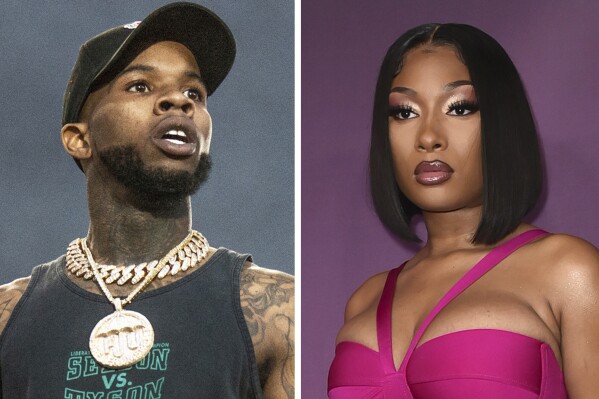 FILE - This combination photo shows Tory Lanez performing at the Festival d'ete de Quebec, July 11, 2018, in Quebec City, Canada, left, and Megan Thee Stallion at the premiere of 