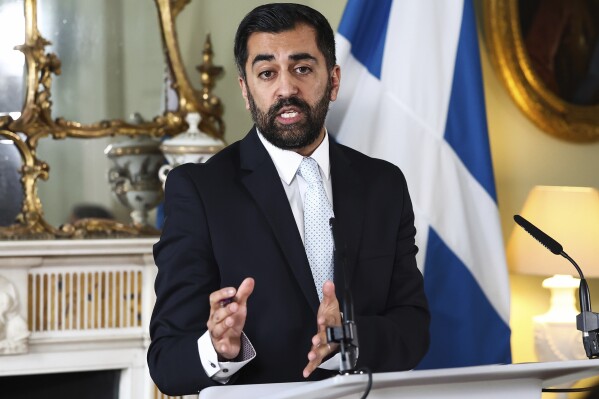 FILE - Scotland's First Minister Humza Yousaf speaks during a press conference at Bute House, Edinburgh, April 25, 2024. Scotland’s leader is facing a week of high-stakes talks to save his job and reenergize the country’s independence movement after he torpedoed a coalition with the Green Party by ditching a target for fighting climate change. (Jeff J Mitchell/PA via AP, File)
