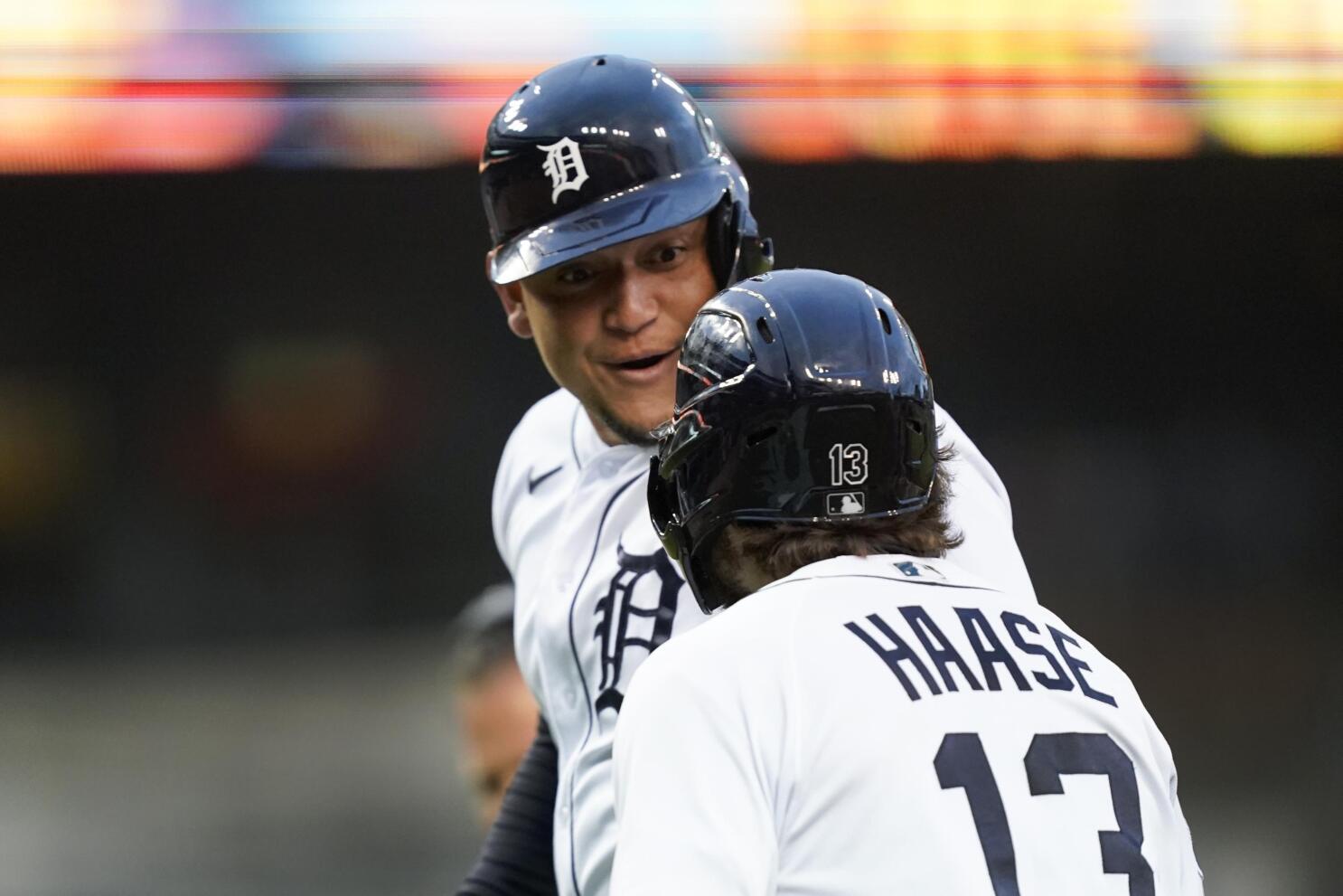 Detroit Tigers' Miguel Cabrera (24) is greetd by on deck batter Prince  Fielder (28) after hitting a two-run home run in the fifth inning of the  baseball game on Wednesday, May 29
