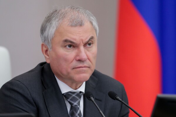 FILE - Vyacheslav Volodin attends a session at the State Duma, the Lower House of the Russian Parliament in Moscow, on Oct. 18, 2023. A senior lawmaker says Russia's parliament will consider a law allowing for the confiscation of money and property from those deemed to spread “deliberately false information” about Moscow's military actions. Vyacheslav Volodin, the speaker of the lower house, said the measure would apply to those calling for “extremist activities” or the introduction of sanctions against Russia as well as those “discrediting” the armed forces, a criminal offense under a law adopted after Moscow sent troops into Ukraine. (The State Duma, the Lower House of the Russian Parliament via AP, File)