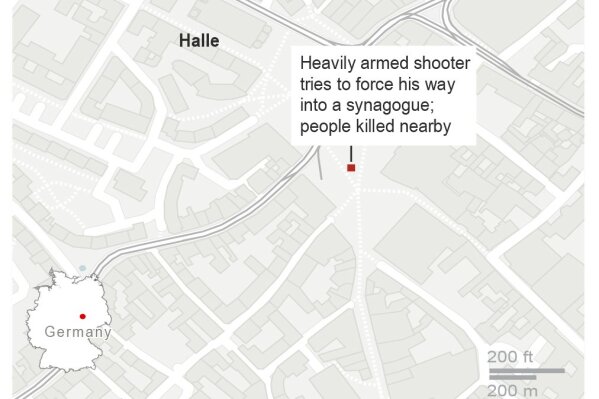 Map shows location of shooting in Halle, Germany; 2c x 3 1/2 inches; 96.3 mm x 88 mm;