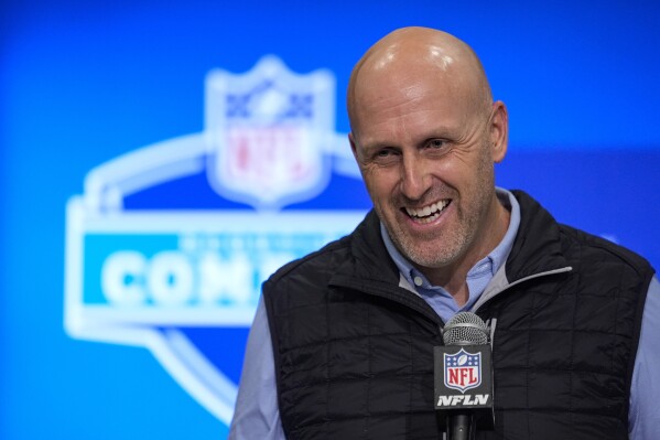 Arizona Cardinals general manager Monti Ossenfort speaks during a press conference at the NFL football scouting combine in Indianapolis, Tuesday, Feb. 27, 2024. (AP Photo/Michael Conroy)