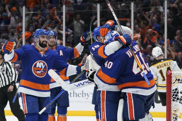 New York Islanders defenseman Ryan Pulock (6) celebrates his goal against  the Tampa Bay Lightning during the third period in Game 1 of an NHL hockey  Stanley Cup semifinal playoff series Sunday