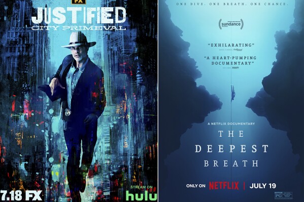 This combination of photos shows promotional art for the FX series "Justified: City Primeval," left, and the Netflix documentary "The Deepest Breath." (FX/Netflix via AP)