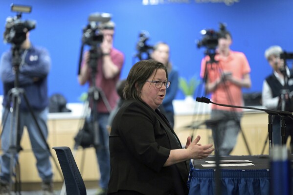 Officer Renee Bernard of the Lisbon Police Department, testifies before an independent commission investigating the mass shooting in Lewiston, Maine, Thursday, Feb. 8, 2024, in Augusta, Maine. (Rich Abrahamson/The Central Maine Morning Sentinel via AP)