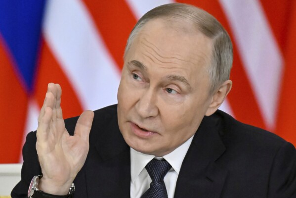Russian President Vladimir Putin speaks during a joint press statement with Malaysian Prime Minister Anwar Ibrahim at the Kremlin in Moscow, Russia, Wednesday, May 14, 2025. (Alexander Nemenov/Pool Photo via AP)