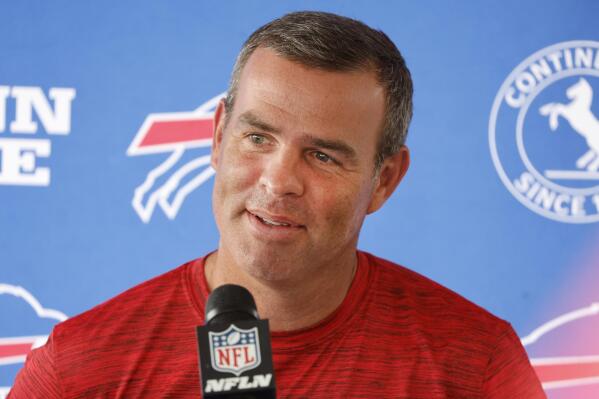 FILE - Buffalo Bills general manager Brandon Beane addresses the media following the NFL football team's training camp in Pittsford, N.Y., July 24, 2022. Not lost amid the euphoria and relief following the Bills  defeating the Chiefs in a much-anticipated early season showdown of the AFC’s two top teams was Beane’s impact on the outcome. (AP Photo/ Jeffrey T. Barnes, File)