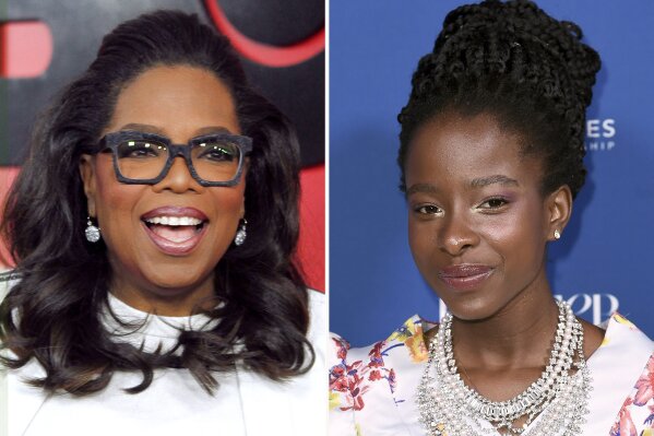 In this combination photo, Oprah Winfrey, left, attends the premiere of "The Immortal Life of Henrietta Lacks" on April 18, 2017, in New York and Amanda Gorman attends Porter's 3rd annual Incredible Women Gala on Oct. 9, 2018, in Los Angeles. Gorman revisits her inaugural poem that wowed observers, among them Oprah Winfrey, in the Apple TV+ series "The Oprah Conversation." The interview will be released Friday, March 26, 2021, on the streaming service. (Photo by Andy Kropa/Invision/AP, left, and Richard Shotwell/Invision/AP, File)