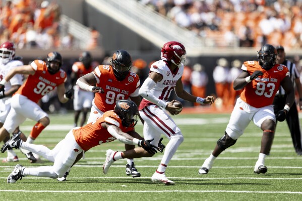 Arkansas quarterback Taylen Green (10) is sacked by Oklahoma State defensive end Obi Ezeigbo (33) in the first half of an NCAA college football game Saturday, Sept. 7, 2024, in Stillwater, Okla. (AP Photo/Mitch Alcala)