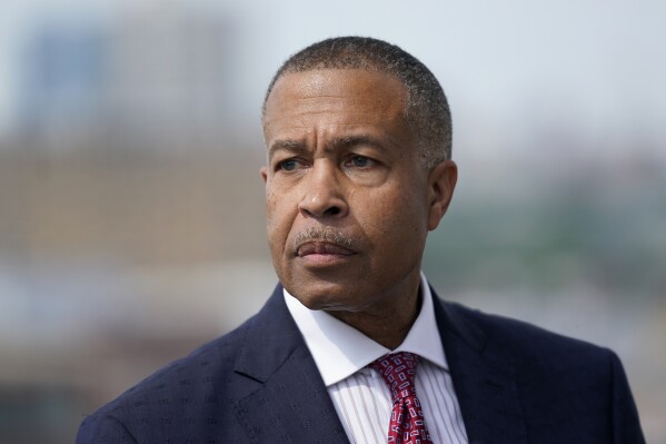 FILE - James Craig, a former Detroit police chief, announces he is a Republican candidate for governor of Michigan, on Sept. 14, 2021, in Detroit. Craig is ending his Republican bid for an open U.S. Senate seat in Michigan just over four months after launching his campaign, Craig told The Associated Press on Tuesday, Feb. 13, 2024. (AP Photo/Paul Sancya, File)