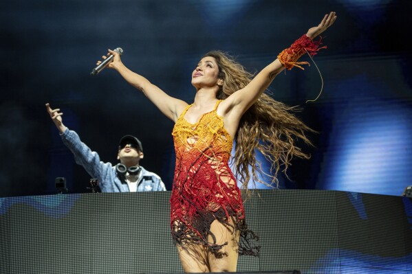 Shakira performs with Bizarrap during the first weekend of the Coachella Valley Music and Arts Festival at Empire Polo Club in Indio, Calif., April 12, 2024. (Photo by Amy Harris/Invision/AP)