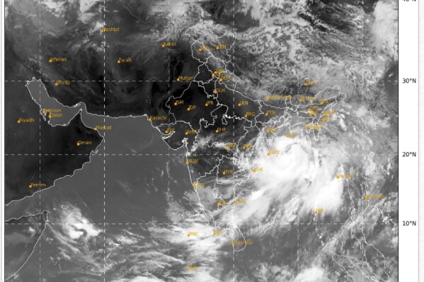 In this screen-grab taken from the website of India Meteorological Department, Government of India, cyclonic activity is visible over the Bay of Bengal on the eastern coast of India, Sunday, May 26, 2024. The India Meteorological Department says the cyclonic storm will cross Bangladesh and India’s West Bengal coasts around midnight Sunday. (India Meteorological Department via AP)