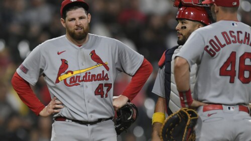 St. Louis Cardinals starting pitcher Jordan Montgomery (47) reacts before leaving a baseball game during the fifth inning against the Chicago White Sox, Friday, July 7, 2023, in Chicago. (AP Photo/Paul Beaty)