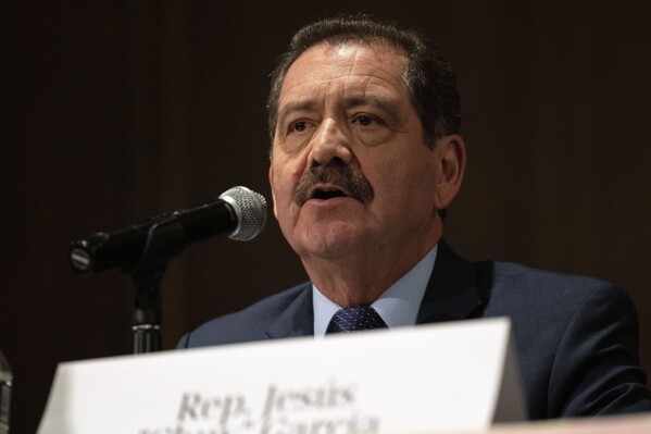 FILE - Rep. Jesus "Chuy" Garcia, D-Ill., participates in a forum with other Chicago mayoral candidates, Jan. 14, 2023, at the Chicago Temple in Chicago. (AP Photo/Erin Hooley, File)